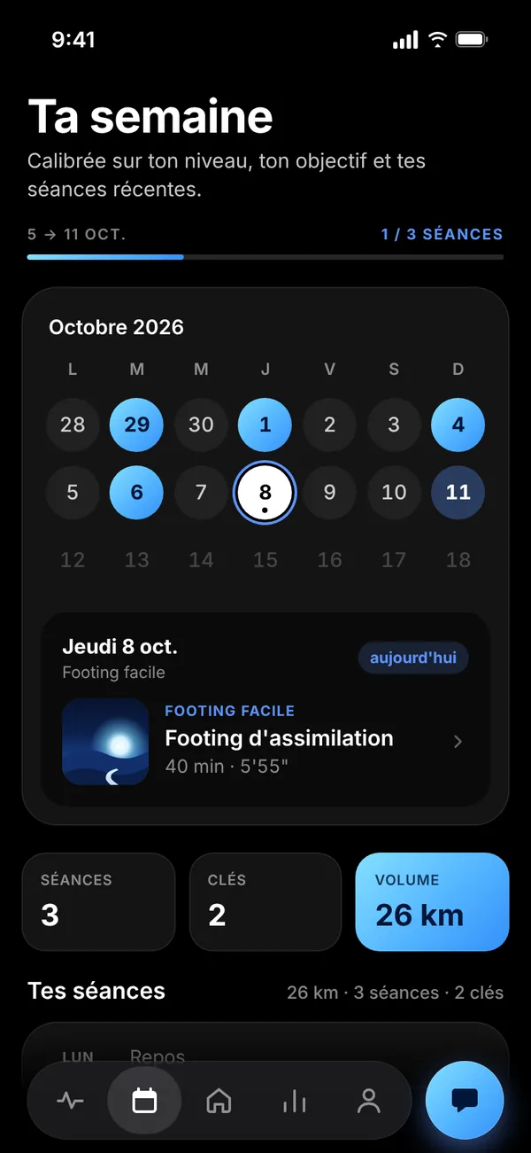 L'écran Plan de l'app : le calendrier du mois et les séances de la semaine