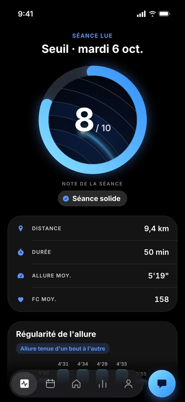 L'écran d'analyse d'une séance : sa note, sa distance, son allure
